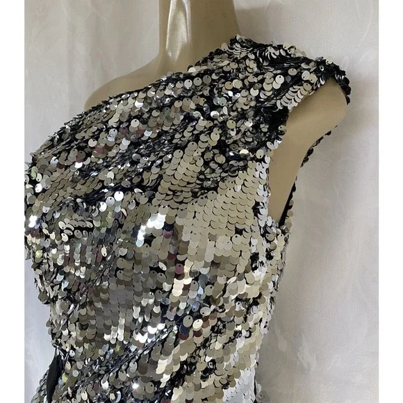 NWT Carven Sequin Dress One Shoulder Silver Metallic Asymmetric Sheath 3… - Picture 5 of 14
